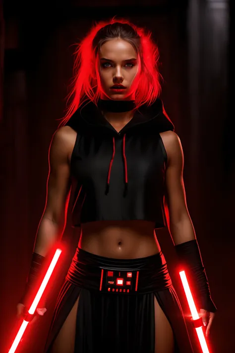 A girl, Sith Lord, red skin, fit body, sexy body, red light saber, black top with a hood, black skirt, dart maul female