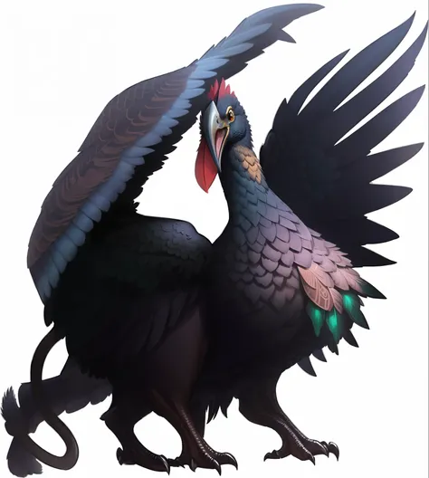 a closeup of a bird with a large beak and a long tail, monstro corvo, carrion, black lion with peacock wings, harpia, asas de penas escuras, black aarakocra eagle warlord, arte conceitual da criatura da fantasia, Skeksis, Kenku, design de criaturas, como u...