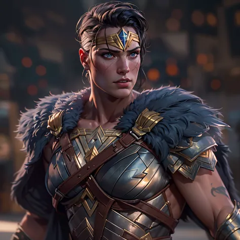 Gladiator fighter Wonder Woman, battle damage. battle pose. intricate, hypermaximalist, elegant, hyper realistic, zoom out to full body show handsome caucasion mans face no wings --no mask, epic high details,full details,high resolution,dynamic slightblue ...