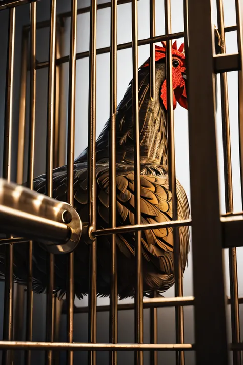 A cock behind steel bars in a cage.. cage is made of thick steel bars