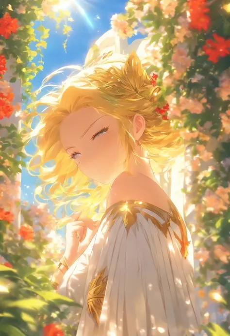 extremely detailed CG unit 8k wallpaper, best quality, master piece, an extremely delicate and beautiful), Greek garden, Woman, White clothes, Golden hair, sun rays, Green vines, red flowers, blue sky background, grand, majestic .