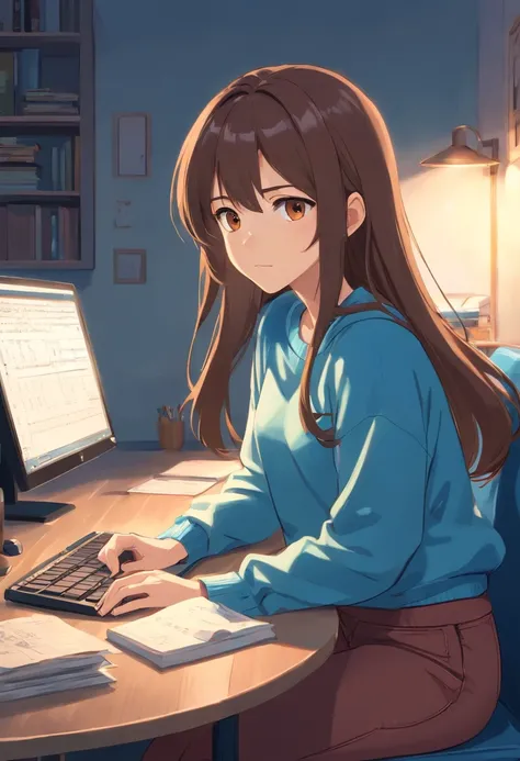 Best quality: 1.0), (Super High Resolution: 1.0), Anime girl, long brownhair, brown eyes, sitting in front of computer studying, background in light room, dressed in a blue sweater and black jeans, anime style, anime