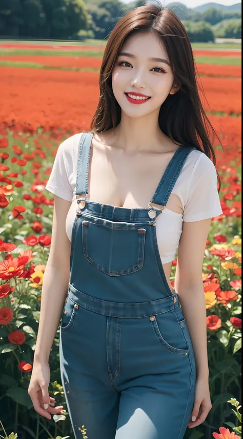 best quality, 4k, 8k, Detailed faces, beauty girl, Korean makeup, Red lips, laugh, perfect body, big breasts, thigh, Girl in overalls, girls and cattle, Flower field,