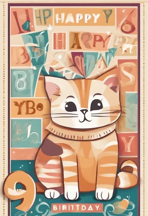 Design a Happy Birthday picture with cat letters. Please have a cute cat represent each letter and keep the color palette bright and cheerful. There should be a feeling of happiness and celebration throughout the composition. I expect a fun design that att...