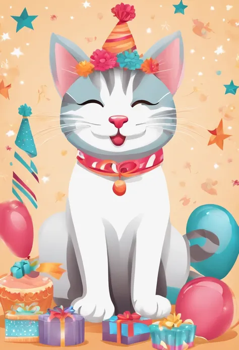 Design a Happy Birthday picture with cat letters. Please have a cute cat represent each letter and keep the color palette bright and cheerful. There should be a feeling of happiness and celebration throughout the composition. I expect a fun design that att...