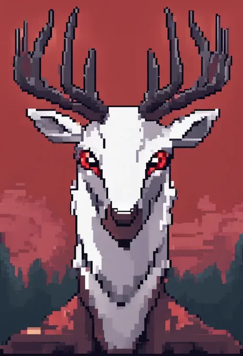 a detailed anime drawing of a huge calm ((white)) male deer resembling the ((pokemon xerneas)) with ((deep red eyes)) that gives off a dangerous aura with large dangerous antlers laying down while looking at the camera