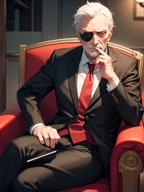 Disgruntled old man with an eyepatch covering his left eye, his right eye is bright red, he is wearing a black suit with a red shirt and tie, sitting in a red chair, the room is dark and smoke is everywhere from the cigar he is smoking. He is sitting down ...