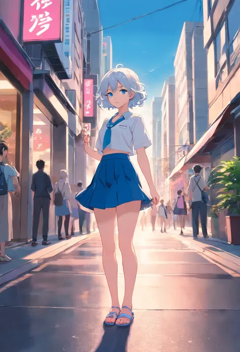 beautiful girl, veela, slim, short, blue eyes, white curly hair, pink lips, fair skin, blue skirt, stylish modern clothes, silver sandals, city, city street, anime