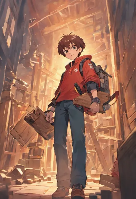 Please put the following in English。

Anime style、Smiling Japan、twinks、Carpenter、Architects、Full body like、Good pose with one hand、Carrying a giant hammer on his shoulder with his other hand、