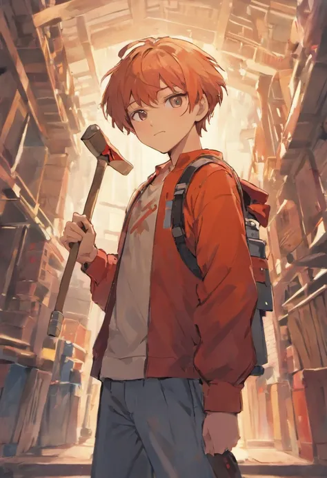 Please put the following in English。

Anime style、Smiling Japan、twinks、Carpenter、Architects、Full body like、Good pose with one hand、Carrying a giant hammer on his shoulder with his other hand、