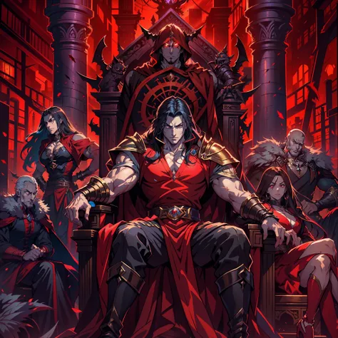 Castlevania Lord of muscular shadows beautiful red eyes bright eyes crystal hyper realistic super detailed scary Lord Dracula sitting on his big throne with his legendary Moroccan princesses next to him Read large scrolls with a red expression of anger bri...