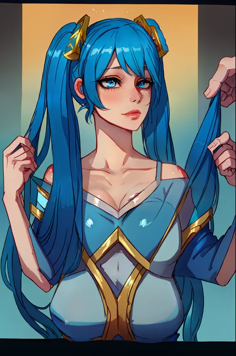 masterpiece, best quality, 1girl, Sona (league of legends), blue hair, blue eyes, gradient hair, collarbone, twintails, hair ornament, long hair, blue dress, breasts, close-up, portrait