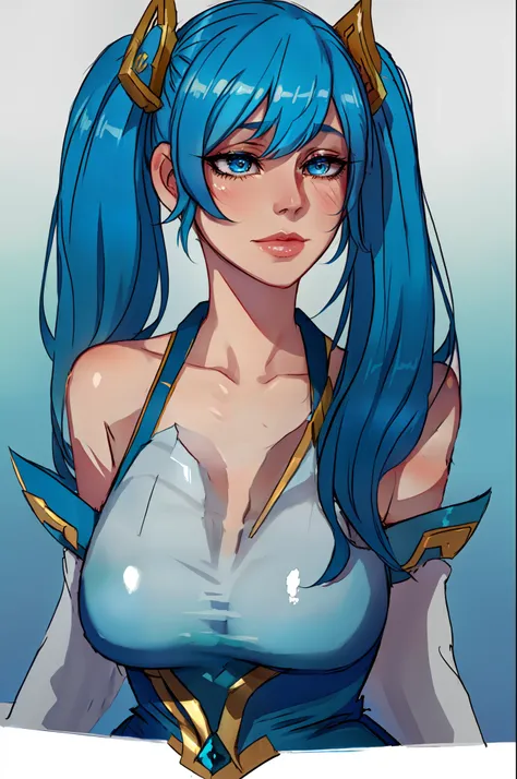 masterpiece, best quality, 1girl, sona \(league of legends\), blue hair, blue eyes, gradient hair, collarbone, twintails, hair o...