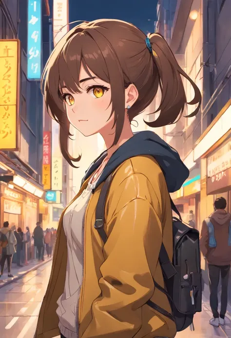 Cheeky girl, Strong girl, Industrial ear piercing, Long brown hair, yellow eyes, hairstyle two pigtails, beige sweater, leather jacket, black jeans, beige sneakers, trendy clothes, earphones, edged weapons, Background: City Street