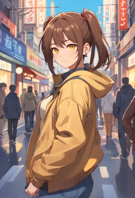 Cheeky girl, Strong girl, Industrial ear piercing, Long brown hair, yellow eyes, hairstyle two pigtails, beige sweater, leather jacket, black jeans, beige sneakers, trendy clothes, earphones, edged weapons, Background: City Street