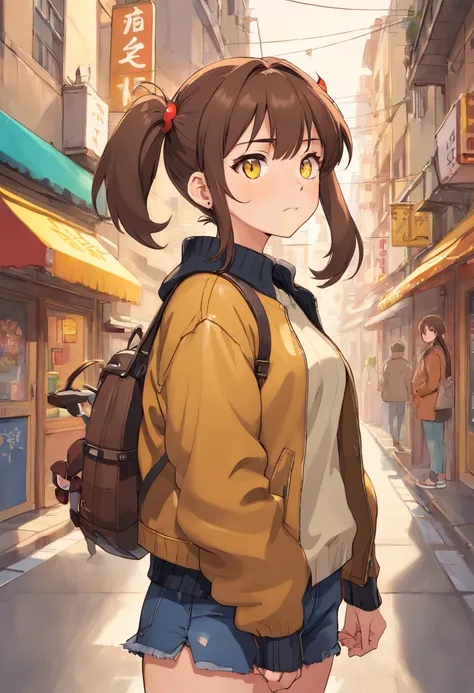 Cheeky girl, Strong girl, Industrial ear piercing, Long brown hair, yellow eyes, hairstyle two pigtails, beige sweater, leather jacket, black jeans, beige sneakers, trendy clothes, earphones, edged weapons, Background: City Street