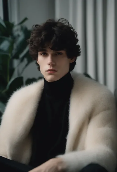 polaroid style, A white teenage boy, Fluffy hair, black hair, perfect face, emo, sleepy eyes, Perfect anatomy, black turtleneck, perfect hands. Perfect jawline.