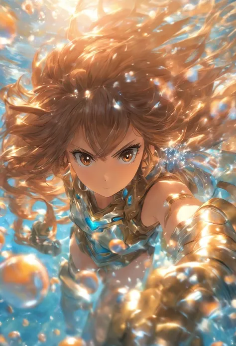 foreshortening,  depth of fields, masutepiece, Best Quality, 1girl in, Brown hair, Brown eyes,  Long hair, under the water, Air bubble, Solo, Looking at Viewer, Western Armor,  Dappled sunlight,