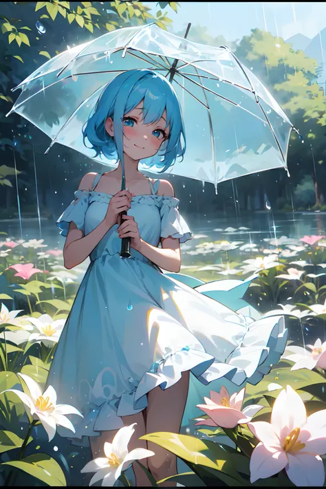 (Best Quality, 8K, masutepiece:1.2, NSFW ),Cutest,Cute Girl,mesugaki,Beautiful face,Beautiful eyes,Beautiful hair, Light blue hair,,soft sunlight,rain falling,Drooping water droplets,Nice dress,Innocent smile,playful pose,Atmosphere of bliss,Sober backgrou...