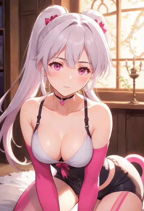 sexy anime girl, ponytail white hair with pink highlights, small chest, cropped top, cleavage, stockings