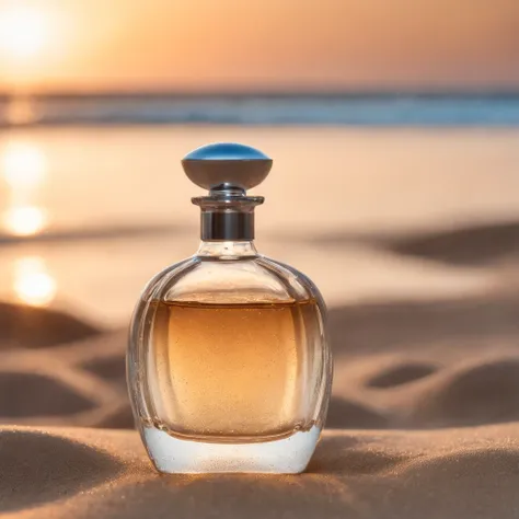 um frasco de perfume transparente, frasco de vidro moderno, Design with straight acclusions and rounded tips, levemente enfiado na areia de uma praia linda, por do sol, Transparency for water, thick glass refractions, caustic projected in the sand, caribe,