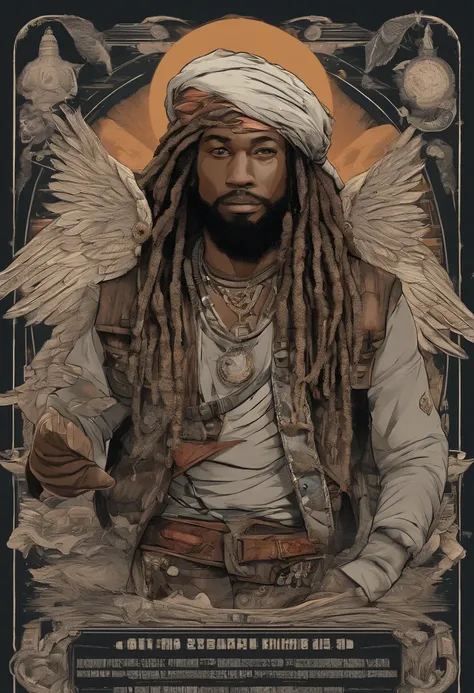 Boligee, Male, thick dreadlocks with a planet headband, wearing ragged shorts and a furry top with bandges wrapped around arms, feathered wings, colors are Pearl-copper slate grey and Jet Black, inside a pirate ship, masterpiece, best quality