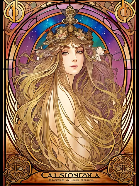 a painting of a woman with long cascading hair and an ethereal dress, alphonse mucha and rossdraws, art nouveau cosmic display, stained glass, artgerm mucha, the sailor galaxia. beautiful, celestial goddess, mucha. art nouveau. gloomhaven, mucha style 4k, ...