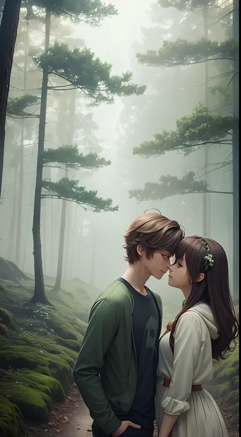 A dreamy nature background, with a misty forest setting the scene for an adorable teenage couple, their anime-inspired eyes locked in a loving gaze as they explore the beauty of nature together.