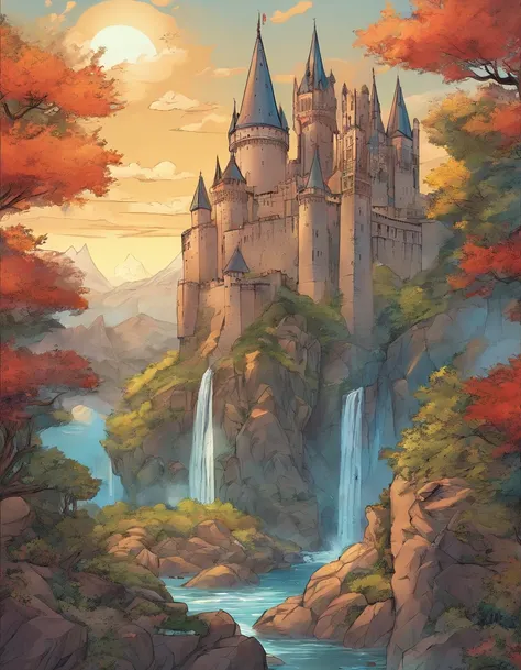 Anime scene of a castle with a waterfall and a dragon flying over it, Anor Londo, Cidadela Voadora com Torres, Fundo da catedral, dragons flying around, dragon in dragon lair, Torres majestosas, colossal dragon in background, dragons flying in the sky, art...