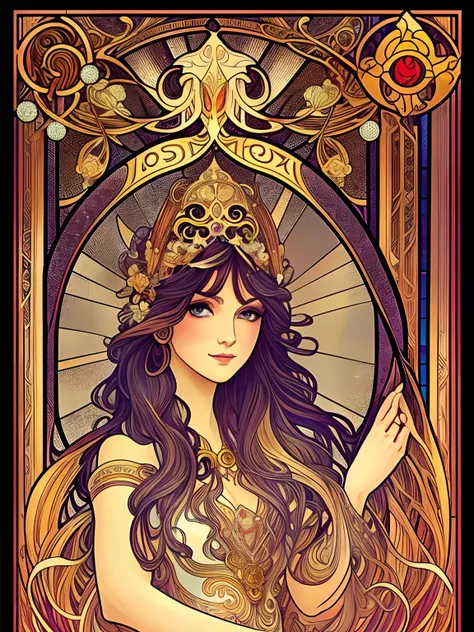 a painting of a woman with long cascading hair and an ethereal dress, alphonse mucha and rossdraws, art nouveau cosmic display, stained glass, artgerm mucha, the sailor galaxia. beautiful, celestial goddess, mucha. art nouveau. gloomhaven, mucha style 4k, ...