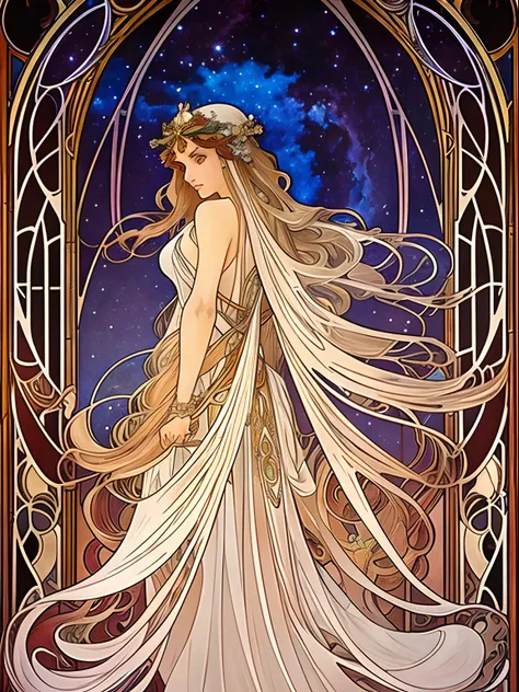 a painting of a woman with long cascading hair and an ethereal dress, alphonse mucha and rossdraws, art nouveau cosmic display, stained glass, artgerm mucha, the sailor galaxia. beautiful, celestial goddess, mucha. art nouveau. gloomhaven, mucha style 4k, ...