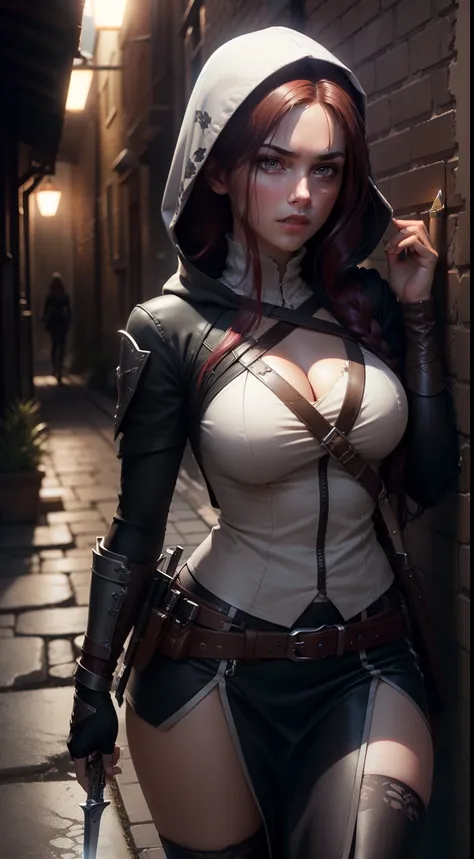 (extremely detailed CG unity 8k wallpaper, masterpiece, best quality, ultra-detailed), best illumination, white hood, shadows, mysterious, intense, (1 female) , blackish red hair, purple eyes, deadly weapons, sharp knife, white clothes, dark alley, moonlig...