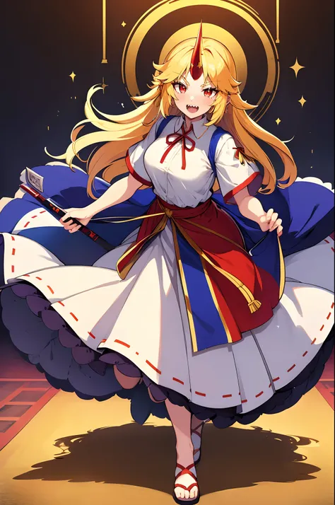 hoshiguma yuugi, european medieval cloths, crazy smile, medium breast, large skirt, long skirt, flipflops, full body, standing, medieval clothing,long skirt,(best quality,4k,8k,highres,masterpiece:1.2),ultra-detailed,(,1.37),portraits,vivid colors,warm ton...