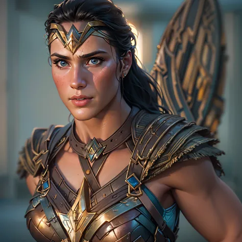 Warrior Wonder Woman, intricate, hypermaximalist, elegant, hyper realistic, zoom out to full body show handsome caucasion mans face no wings --no mask, epic high details,full details,high resolution,dynamic slightblue lighting,rendering,realism,Photo-reali...