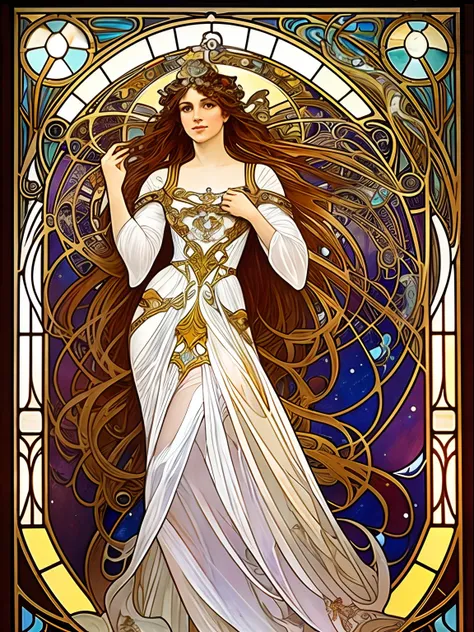 a full body painting of an languished and elegant woman with long cascading hair and an ethereal dress, alphonse mucha and ross drwas, facing viewer, front view, art nouveau, cosmic display, stained glass, artgerm mucha, the sailor galaxia. Heavenly beauti...