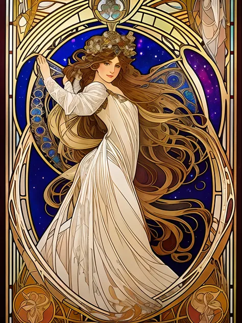 a full body painting of an languished and elegant woman with long cascading hair and an ethereal dress, alphonse mucha and ross drwas, facing viewer, front view, art nouveau, cosmic display, stained glass, artgerm mucha, the sailor galaxia. Heavenly beauti...