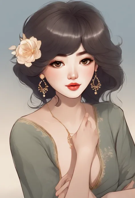 Cartoon image of a woman with permed hair, Super pretty 20 year old Korean girl, Cartoon style illustration, Cartoon Art Style, Cartoon Art Style, Digital illustration style, Highly detailed character design, cute detailed digital art, beautiful digital il...