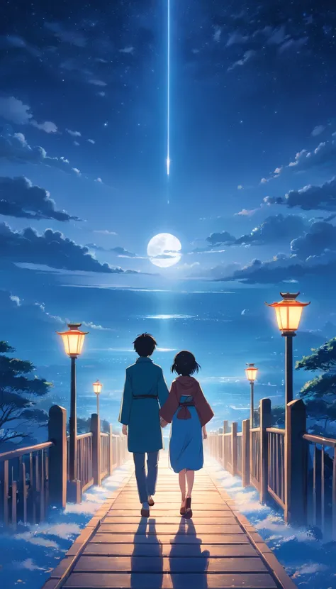 Moonlit Alafis with a bridge and a couple, a picture inspired by Zhu Derun, trending on pixabay, romanticism lain, holding hands in the moonlight, moonlight snowing, illustration!, Moonlight snow, boy girl traditional romance, xianxia fantasy, Chinese fant...