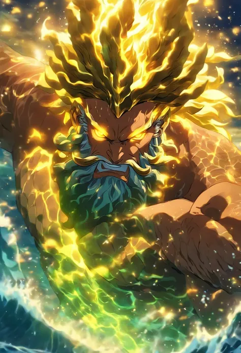 Poseidon,god of the seas, trident, yellow eyes, Highly detailed background, Perfect masterpiece, high quality, ultra high resolution