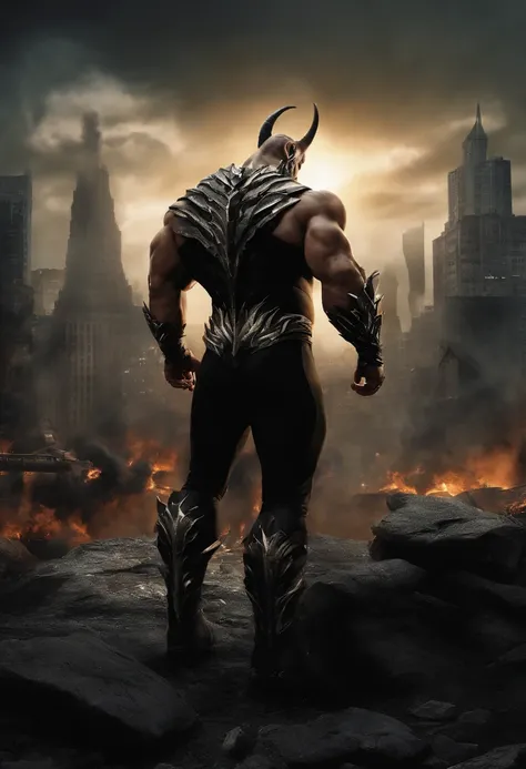 Full body, Doomsday davastator, super muscular, extra strong, great muscle definition, massive body, super big, intimidating, agressive actitud, bones expouses, similar horns aspect on legs, on knees, on shoulders, on chin, destroyed city in the background...