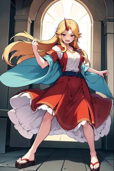 hoshiguma yuugi, european medieval cloths, crazy smile, medium breast, large skirt, long skirt, flipflops, full body, standing, medieval clothing,long skirt,(best quality,4k,8k,highres,masterpiece:1.2),ultra-detailed,(,1.37),portraits,vivid colors,warm ton...