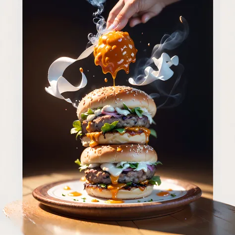 ((("Capture dynamic splashes of food in a flying food photography" with two burgers as the main subject, showcasing splashes of toppings and seasonings including rocket lettuce, cheddar-flavored cheese, onion, pickles, special sauce, sesame bun, and sea sa...