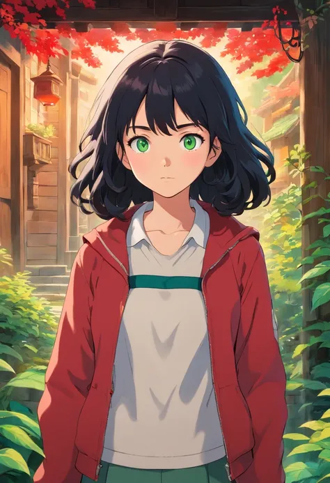 A girl with black long curly hair without bangs, green eyes, and shes wearing a red jacket and a white shirt, in the style of tranquil gardenscapes, colorful animation stills, masami teraoka, Dark and terrifying colors, paul gauguin, Embry style, honest po...