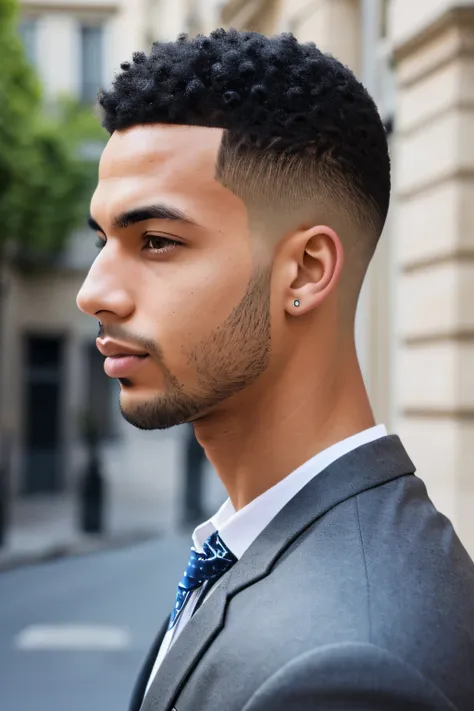 high quality handsome light skin mixed race man with short hair in side view in a parisian street