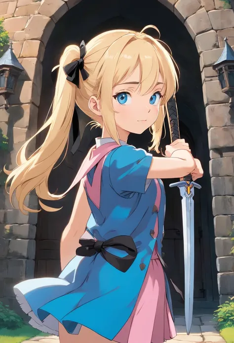 1 girl, blond hair, pigtails, black ribbon wrapping the pigtails, blue eyes, blue clothes, a long pink vest over top of the clothes, holding a buster sword, a castle, in front of the castle gate