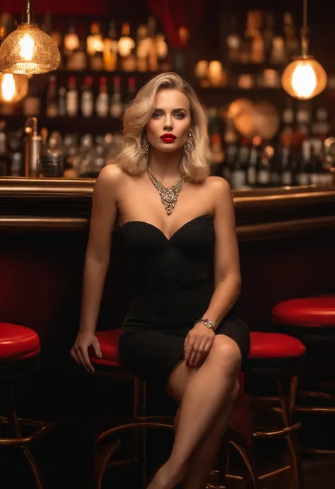 Femme blonde, 25 ans, Tenue courte, Realstic, assis dans un bar, Impatient, Realstic, 4K, Disque dur. Red lips and wearing only a necklace, Ultra detailded, photoreallistic, intagram,