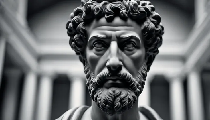 a portrait statue of the stoic Marcus Aurelius in black and white 4K,Face de lado, papel de parede super realista