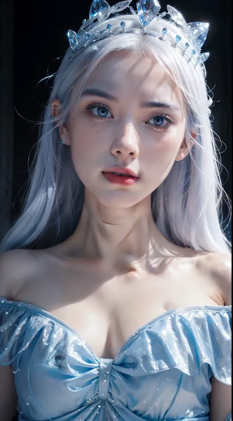 Fantastic Ice Queen Girl, white hair, blue uce dress, in a front of ice castel, lively atmosphere,  gorgeous, extremely detailed face, extremely detailed eyes, 8k, ice tiara, detailed ice tiara, snow, half of body