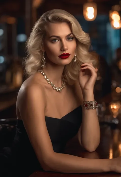 Femme blonde, 25 ans, Tenue courte, Realstic, assis dans un bar, Impatient, Realstic, 4K, Disque dur. Red lips and wearing only a necklace, Ultra detailded, photoreallistic, intagram, regarde le serveur, femme fatale, Detailed body, Detailed hands, 10 doig...