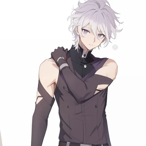 personagem de anime com cabelo roxo e camisa preta segurando uma arma, Hajime Yatatate, inspirado em Okumura Togyu, personagem de anime masculino, Nagito Komaeda, ele tem cabelos grisalhos escuros, cara de anime alto com olhos azuis, delicate androgynous p...